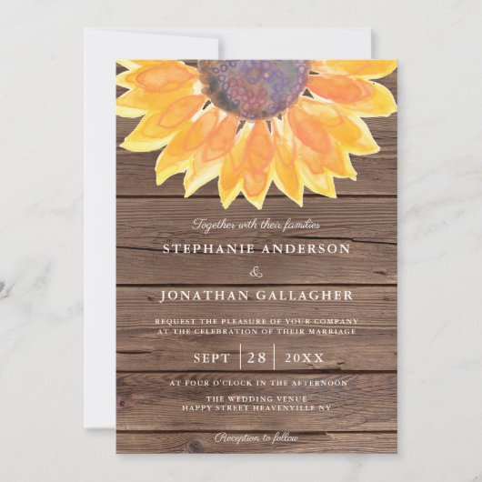Invitation Russe Aquarelle Tournesol Bois QR Code Mariage (Devant)
