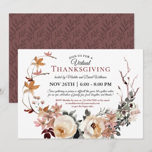 Invitation Russe Automne Floral Wreath Virtual Thanksgiving (Devant / Derrière)