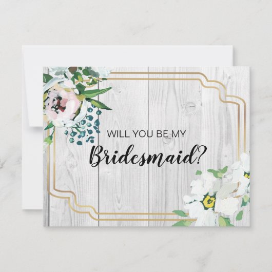 Invitation Russe Barnwood Floral Gold Bridesmaid Proposition (Devant)