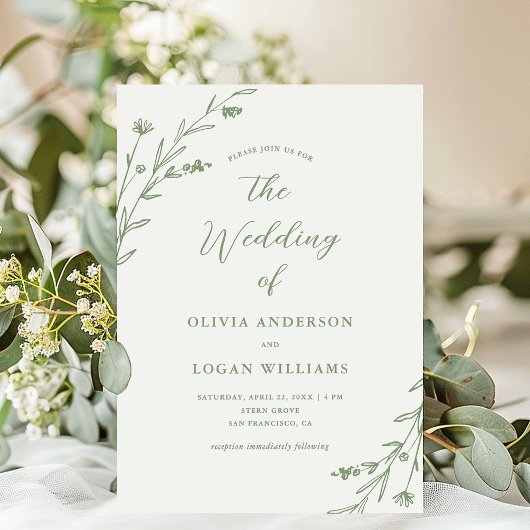 Invitation Russe Blanc Sage Vert Fleur sauvage Boho Mariage