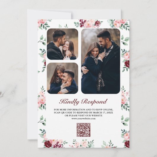 Invitation Russe Blush rose Bourgogne Floral QR Code Mariage (Dos)
