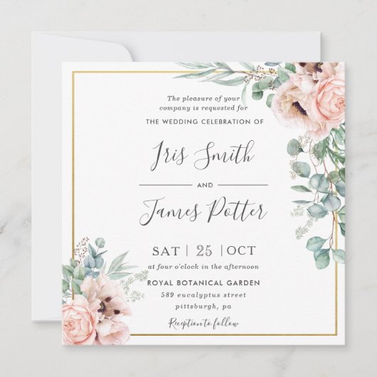 Invitation Russe Blush rose Floral Eucalyptus Mariage or (Devant)