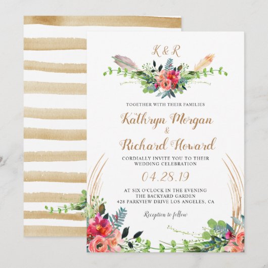Invitation Russe Bohème Floral Aquarelle Monogramme Mariage (Devant / Derrière)