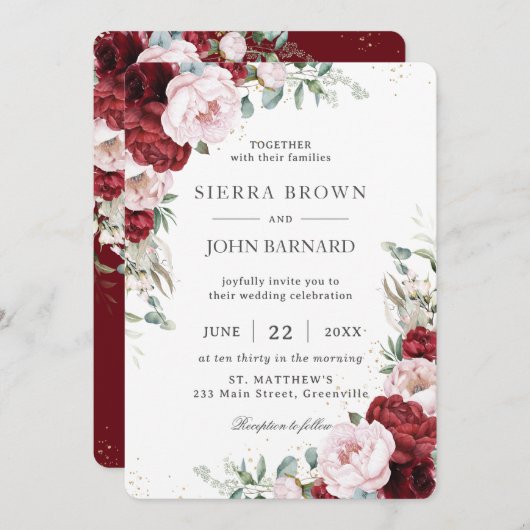 Invitation Russe Boho Bourgogne Blush Peonies Floral (Devant / Derrière)