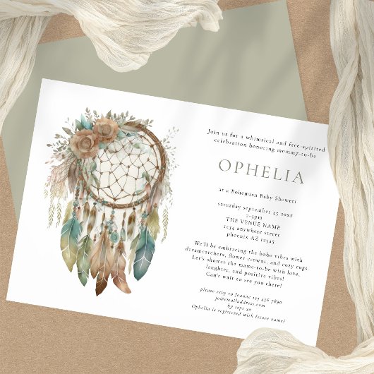 Invitation Russe Boho Dreamcatcher Sage Baby shower bohème