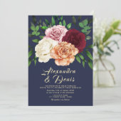 Invitation Russe Boho Floral Bourgogne et Mariage bleu marine (Debout devant)