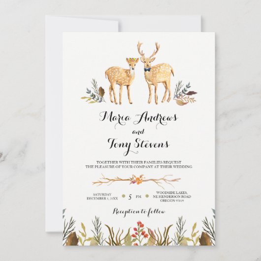 Invitation Russe Boho Mariage d'aquarelle de cerf de bois (Devant)