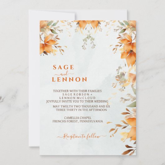 Invitation Russe Boho orange Aquarelle Bleu Mariage (Devant)