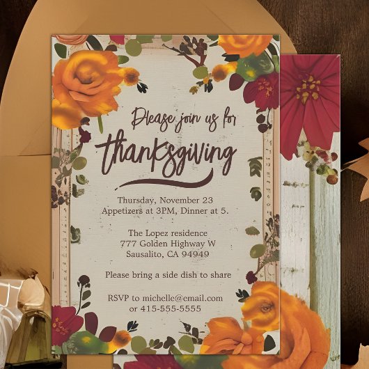 Invitation Russe Boho Orange Automne Floral Thanksgiving Dîne