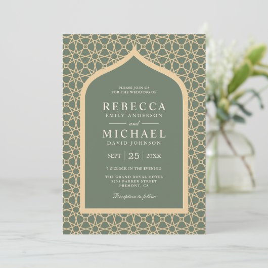 Invitation Russe Boho treillis Arc Sage Mariage vert (Debout devant)