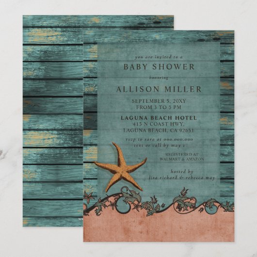 Invitation Russe Bois Bleu Corail Starfish Baby shower de pla (Devant / Derrière)