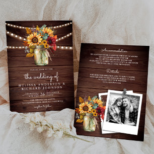Invitation Russe Bois Bourgogne Sunflowers Mason Jar Mariage