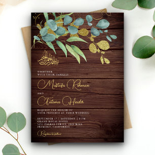 Invitation Russe Bois Eucalyptus Gold Branche Mariage islamiq