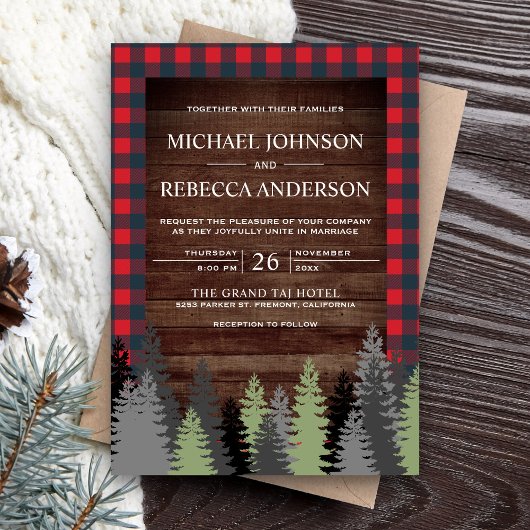 Invitation Russe Bois Rouge Buffalo Plaid Mariage À feuillage