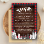 Invitation Russe Bois Rouge Buffalo Plaid Mariage de montagne<br><div class="desc">Éblouissez vos invités avec cette élégante invitation de mariage à thème de la forêt avec des pins couverts de neige et des montagnes rocheuses avec typographie accrocheuse. Ajoutez simplement les détails de votre événement sur ce modèle facile à utiliser pour en faire une invitation unique. Retournez la carte pour révéler...</div>