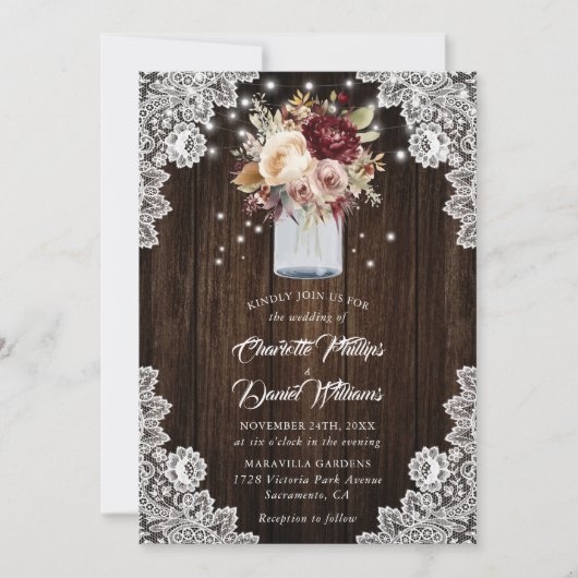 Invitation Russe Bourgogne Beige Floral Mason Jar Mariage (Devant)