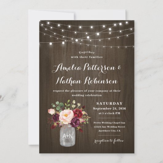 Invitation Russe Bourgogne Blush Floral Mason Jar Mariage (Devant)