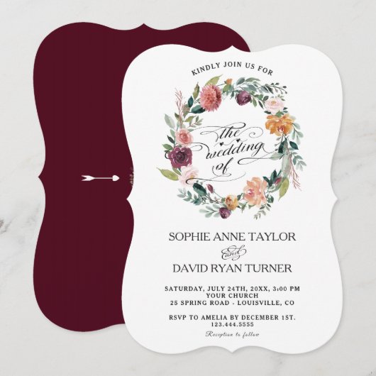Invitation Russe Bourgogne Blush Ivory Floral Wreath Mariage (Devant / Derrière)