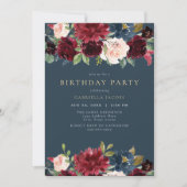 Invitation Russe Bourgogne et Navy Floral Birthday Party (Devant)