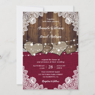 Invitation Russe Bourgogne Grange Bois Burlap Mariage dentell