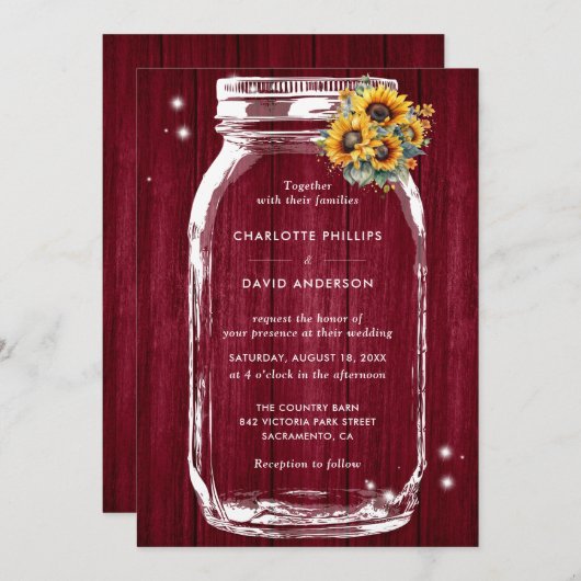 Invitation Russe Bourgogne Mariage de Tournesol Mason Jar (Devant / Derrière)