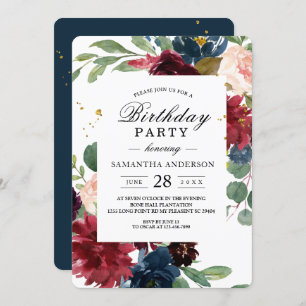 Invitation Russe Bourgogne Marine Bleu & Rouge Cadre Floral
