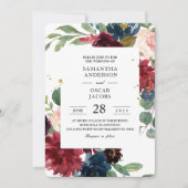 Invitation Russe Bourgogne Marine Bleu & Rouge Cadre Floral (Devant)