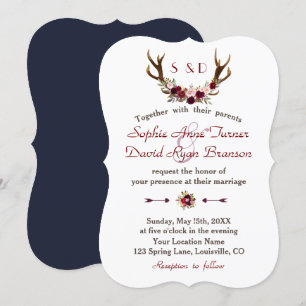 Invitation Russe Bourgogne Marsala Floral Antlers Mariage