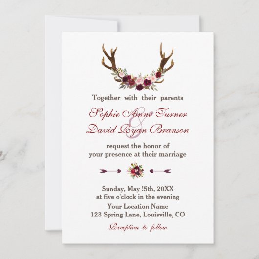 Invitation Russe Bourgogne Marsala Floral Antlers Mariage (Devant)