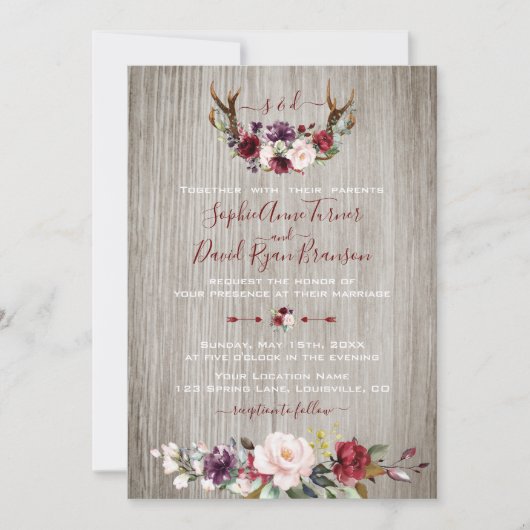 Invitation Russe Bourgogne rose Floral Antlers Mariage en boi (Devant)