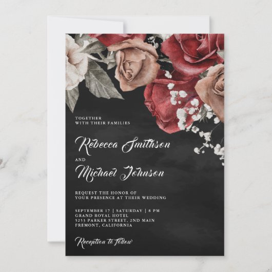 Invitation Russe Bourgogne Rose QR Code Mariage noir (Devant)