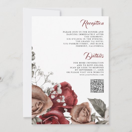 Invitation Russe Bourgogne Roses tout en un Mariage de code Q (Dos)