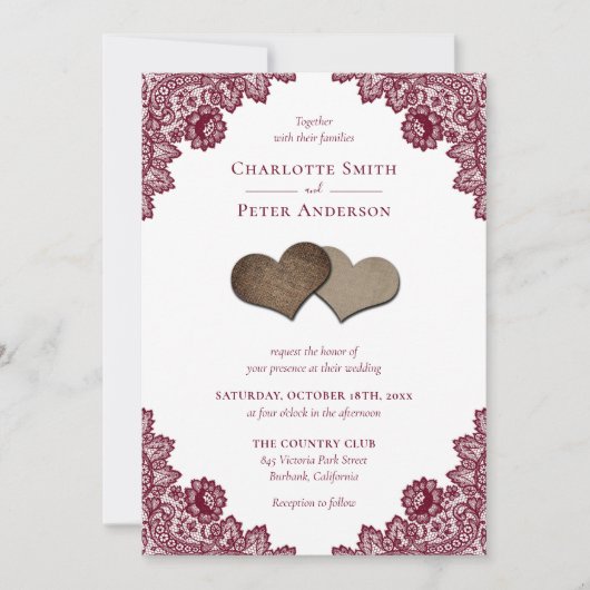 Invitation Russe Bourgogne Rouge Burlap et Mariage de dentell (Devant)