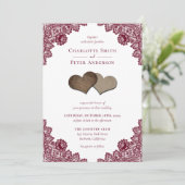 Invitation Russe Bourgogne Rouge Burlap et Mariage de dentell (Debout devant)