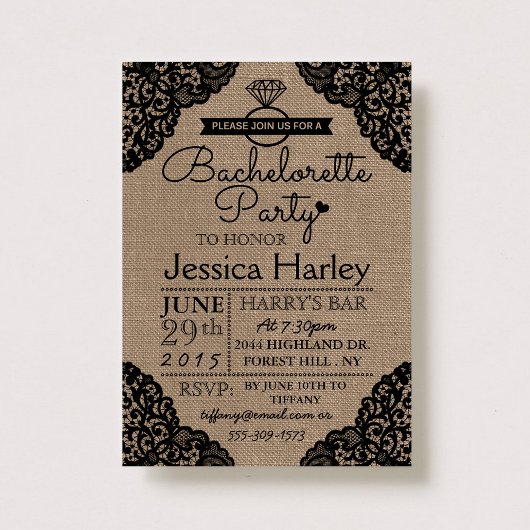 Invitation Russe Burlap & Black Lace Bachelorette Party