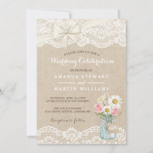 Invitation Russe Burlap Lace Floral Mason Jar Mariage