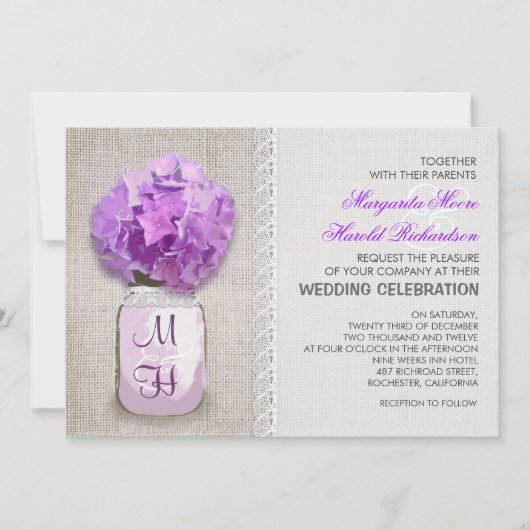 Invitation Russe Burlap Mason Jar Purple Hydrangea Mariage (Devant)