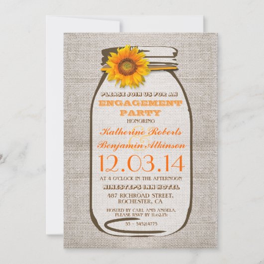 Invitation Russe Burlap Mason Jar Tournesol (Devant)