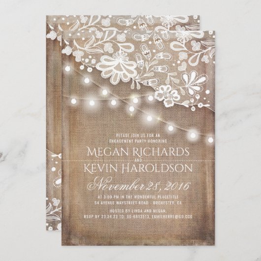 Invitation Russe Burlap String Lights Lance Engagement (Devant / Derrière)