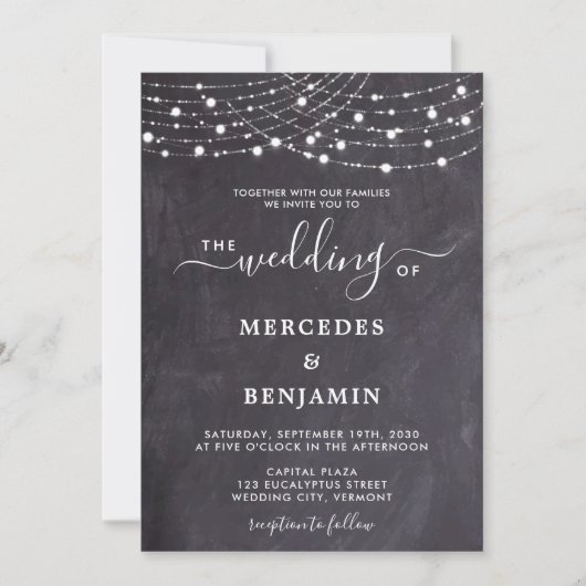 Invitation Russe Chalkboard String lights QR Code Mariage (Devant)