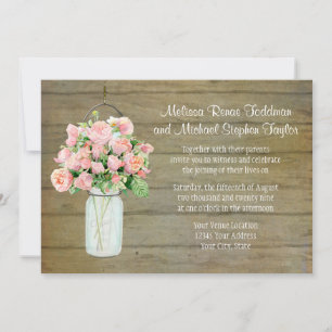 Invitation Russe Country Mason Jar Blush Roses Rose Bouquet