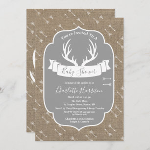 Invitation Russe Deer Antlers Gris & Faux Burlap Baby shower
