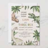 Invitation Russe Dinosaure Vert Trois Rex Anniversaire (Devant)