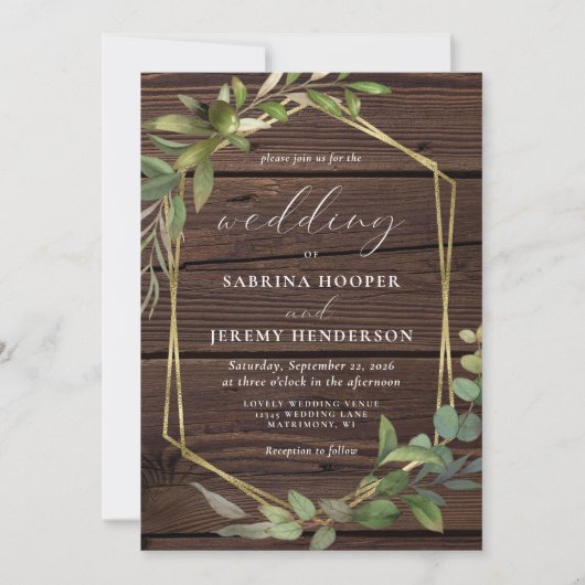 Invitation Russe Eucalyptus Mariage cadre or en bois (Devant)