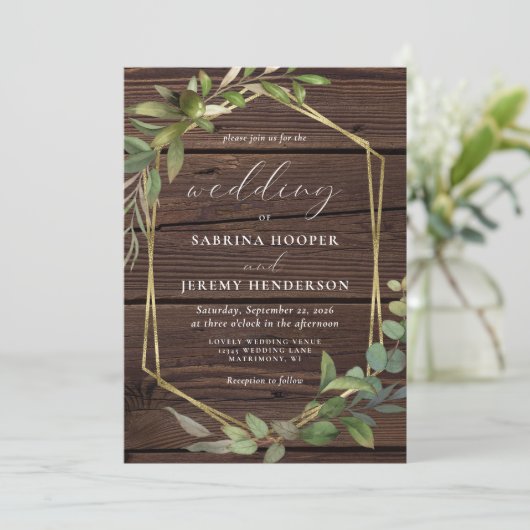 Invitation Russe Eucalyptus Mariage cadre or en bois (Debout devant)