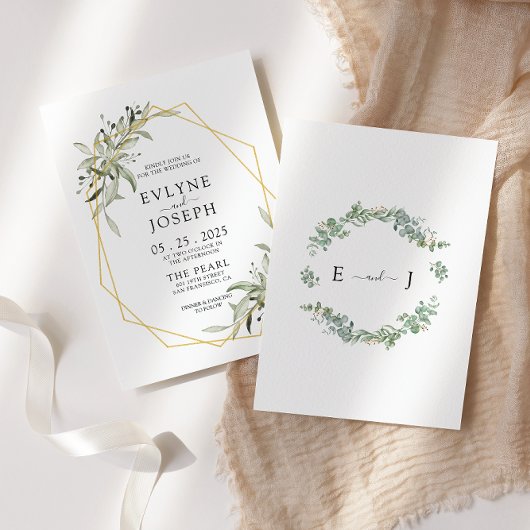 Invitation Russe Eucalyptus Mariage de cadre géométrique or