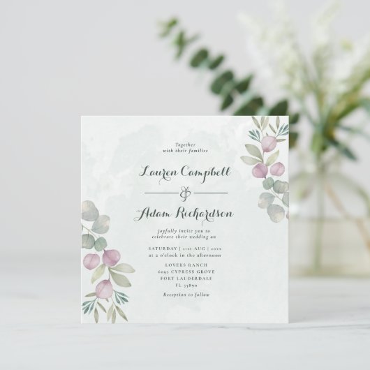 Invitation Russe Eucalyptus Sage Vert & Mariage rose (Debout devant)