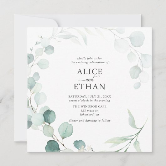 Invitation Russe Eucalyptus Script Mariage d'été (Devant)