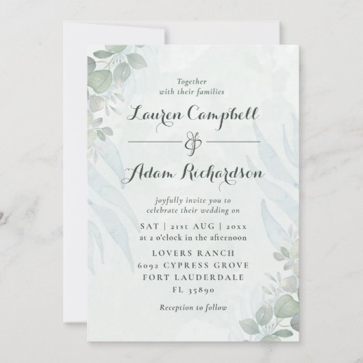 Invitation Russe Eucalyptus Vert Mariage d'aquarelle (Devant)