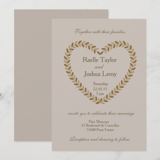 Invitation Russe feuille coeur taupe mariage de automne invit (Devant / Derrière)